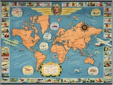 Listing image for Home Wall Art Print - Vintage Map Poster - FAMOUS FLIGHT ROUTES - A4,A3,A2,A1,A0